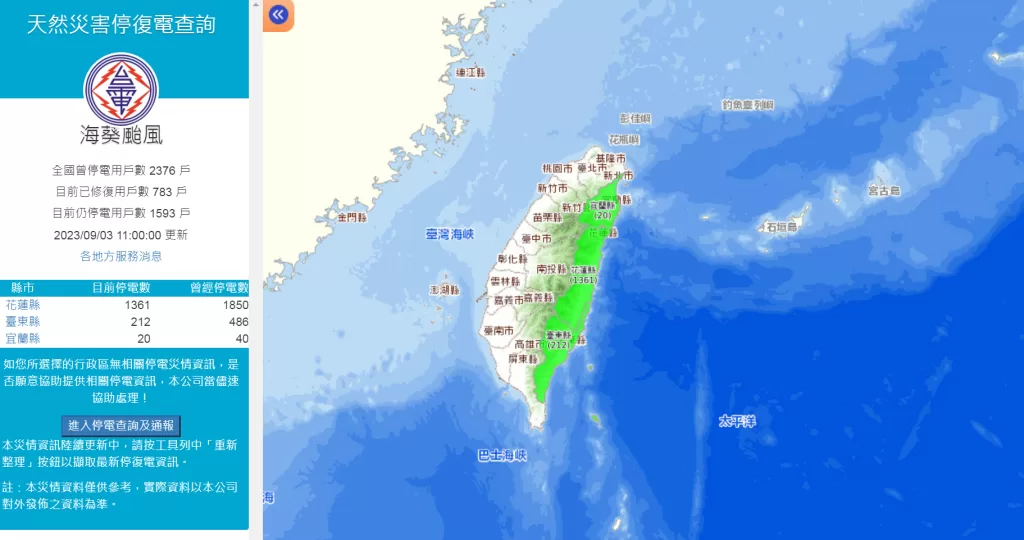 海葵颱風造成東部2376戶停電　目前1593戶仍停電中