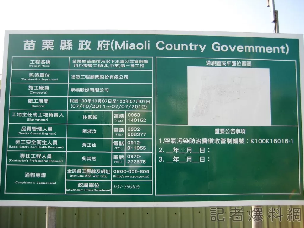 苗栗縣府工程告示板英文誤植「miaoli-country」-網友笑翻：不演了