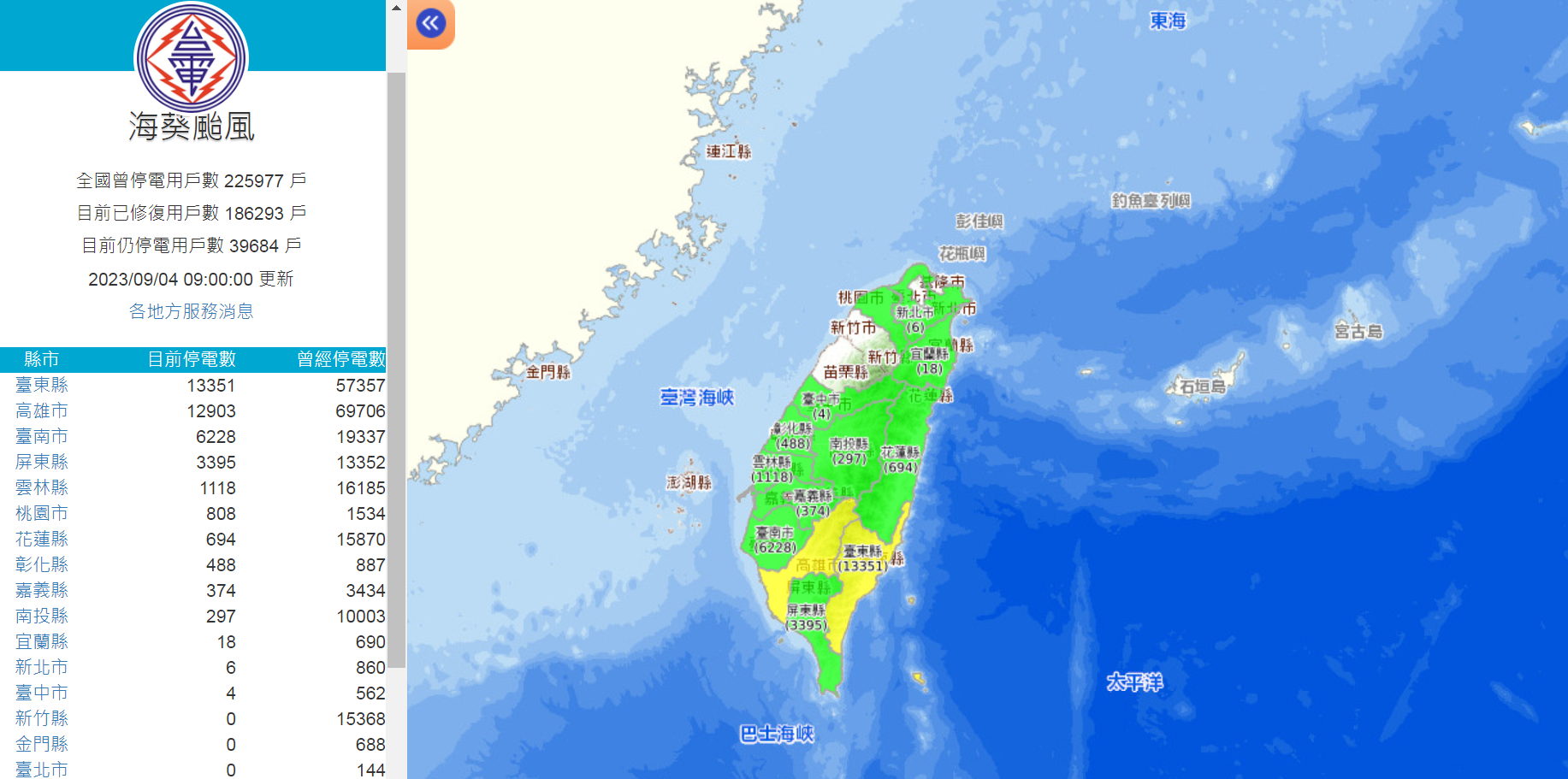 全台停電戶數統計。翻攝台電官網 | 海葵 停電, 台東縣, 台電, 高雄市 記者爆料網